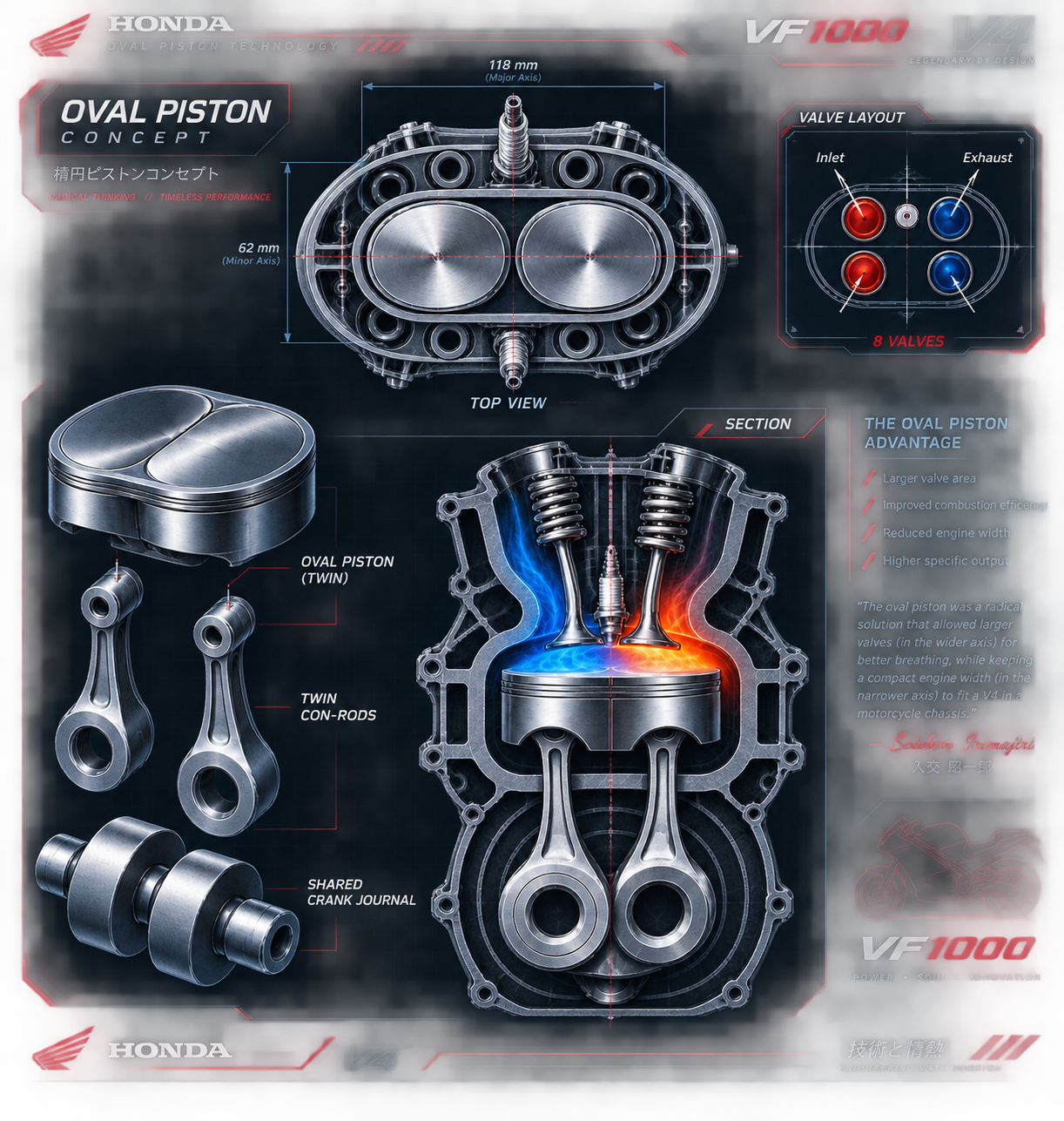 Technical blueprint of the Honda NR500 oval-piston cylinder head — top view, valve layout and cross-section